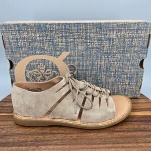 Born Sandals Womens 7M Taupe Beige Leather Flat Strappy Comfort Open Toe Lace Up